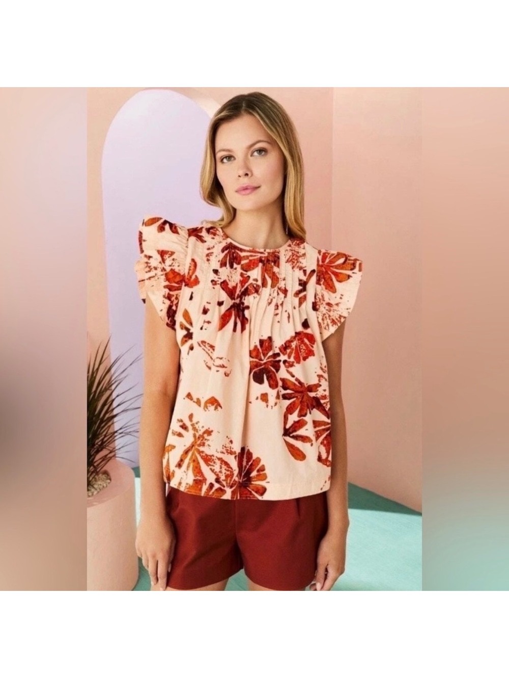 Marie Oliver Catie Women's Floral Ruffle Sleeve Blouse in Aloha Print